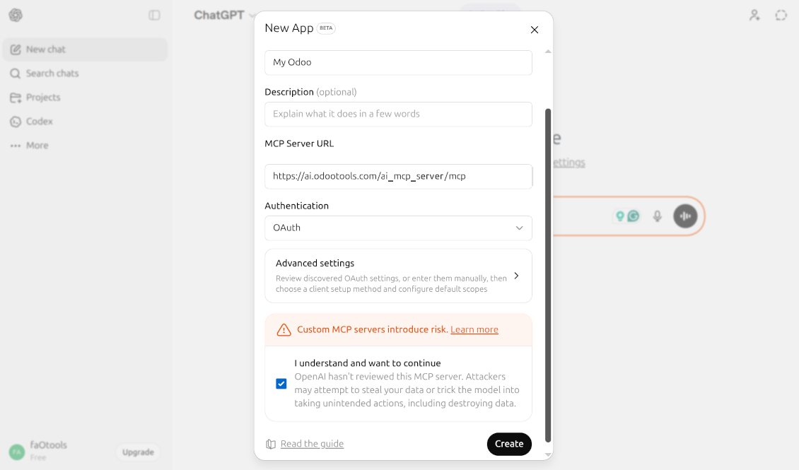 The 'New App' configuration modal in ChatGPT showing the Odoo integration name, MCP Server URL (https://www.google.com/search?q=ai.odootools.com), and OAuth authentication setup.